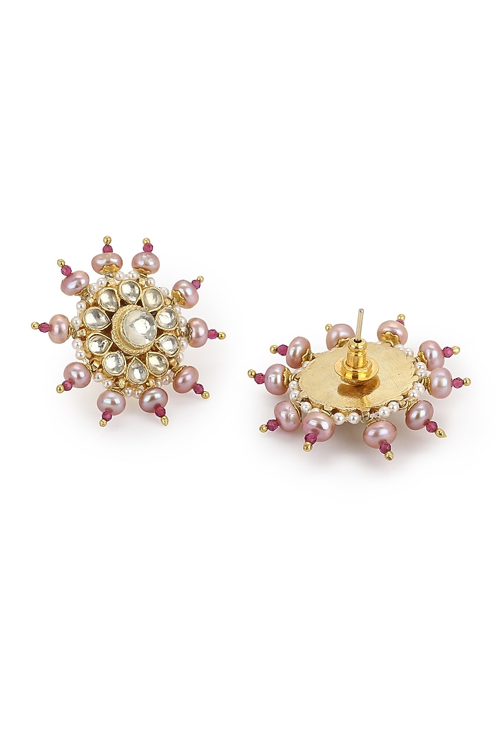 Gold Finish Kundan Polki Stud Earrings by Heer-House Of Jewellery at Pernia's Pop Up Shop