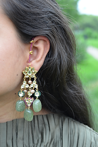 Gold Finish Kundan Polki & Onyx Stone Dangler Earrings by Heer-House Of Jewellery