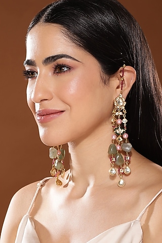 Gold Finish Kundan Polki & Onyx Stone Dangler Earrings by Heer-House Of Jewellery