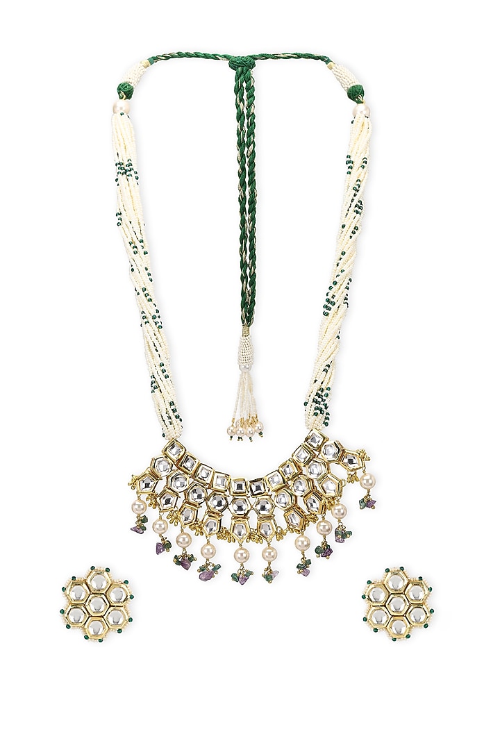 Gold Finish Kundan Polki & Onyx Stone Meenakari Long Necklace Set by Heer-House Of Jewellery at Pernia's Pop Up Shop