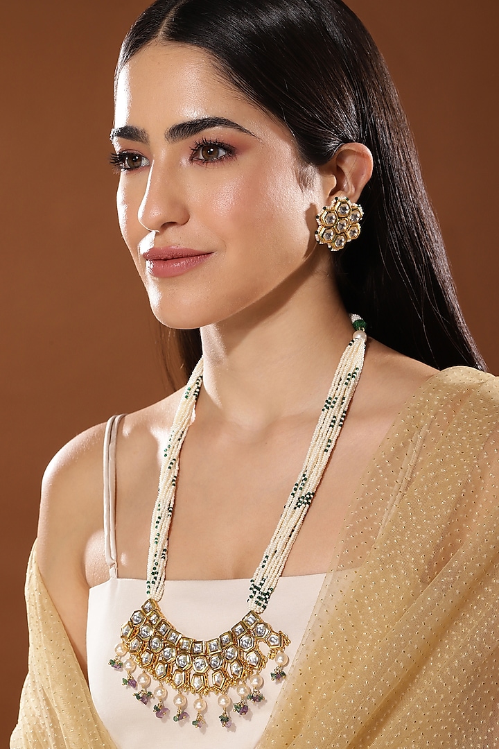 Gold Finish Kundan Polki & Onyx Stone Meenakari Long Necklace Set by Heer-House Of Jewellery