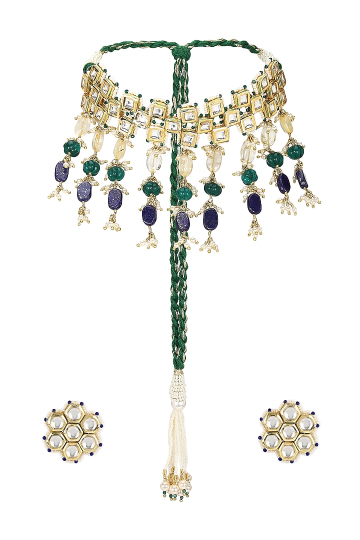 Gold Finish Kundan Polki & Onyx Stone Meenakari Choker Necklace Set by Heer-House Of Jewellery at Pernia's Pop Up Shop