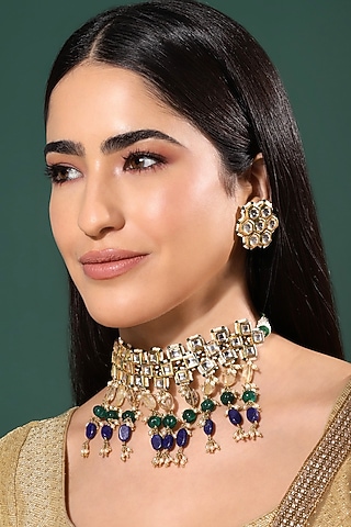Gold Finish Kundan Polki & Onyx Stone Meenakari Choker Necklace Set by Heer-House Of Jewellery