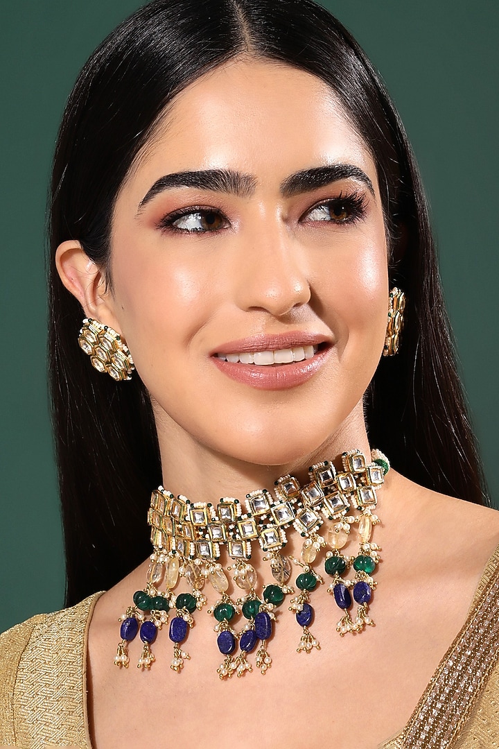 Gold Finish Kundan Polki & Onyx Stone Meenakari Choker Necklace Set by Heer-House Of Jewellery at Pernia's Pop Up Shop