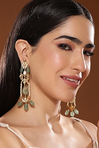Gold Finish Kundan Polki & Onyx Stone Dangler Earrings by Heer-House Of Jewellery