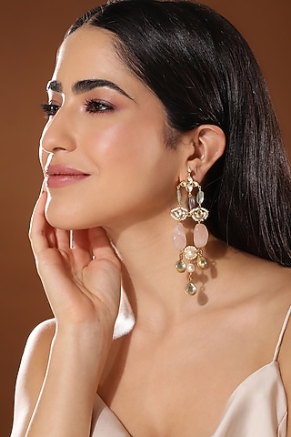 Gold Finish Kundan Polki & Onyx Stone Dangler Earrings by Heer-House Of Jewellery