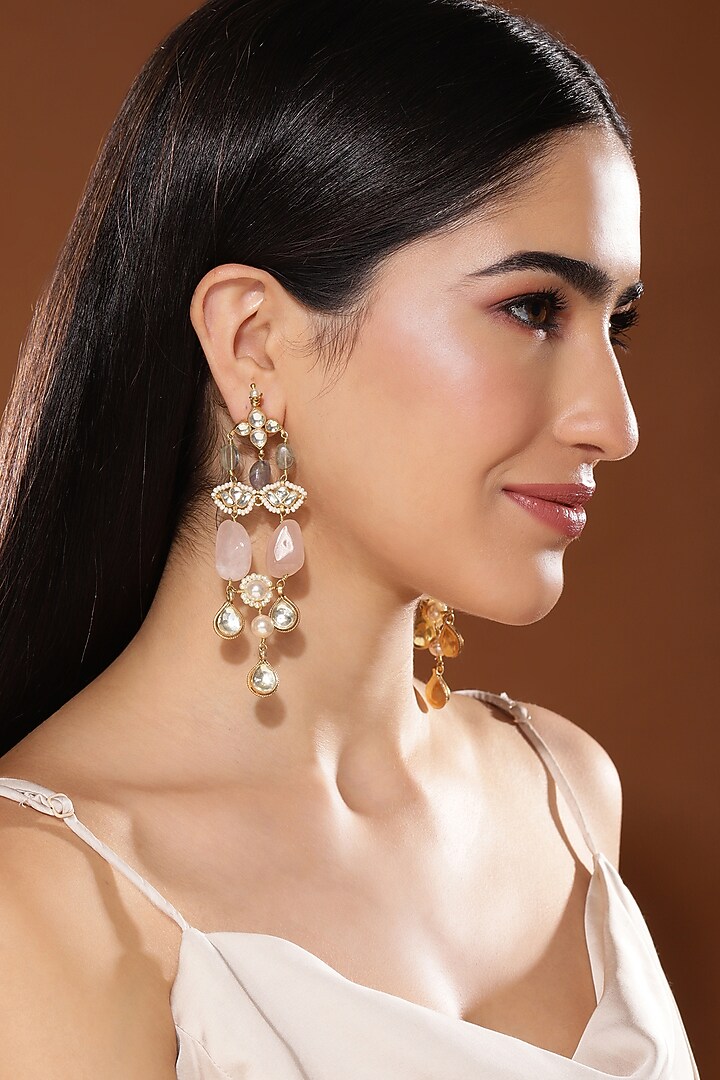 Gold Finish Kundan Polki & Onyx Stone Dangler Earrings by Heer-House Of Jewellery at Pernia's Pop Up Shop