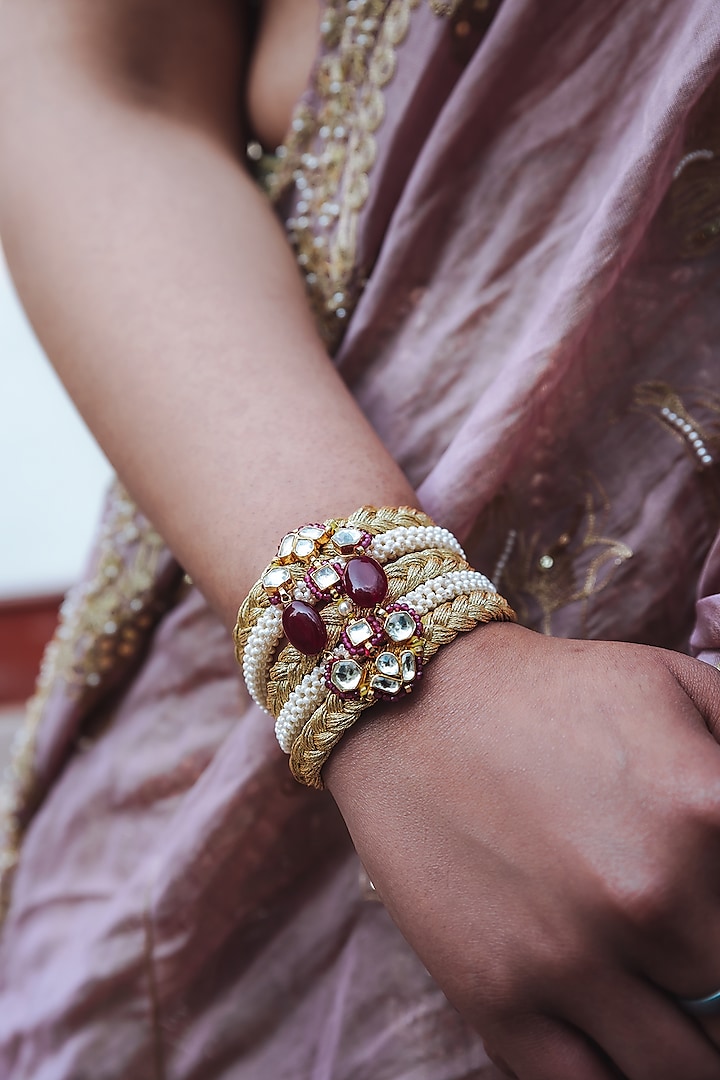 Gold Finish Kundan Polki Bracelet by Heer-House Of Jewellery