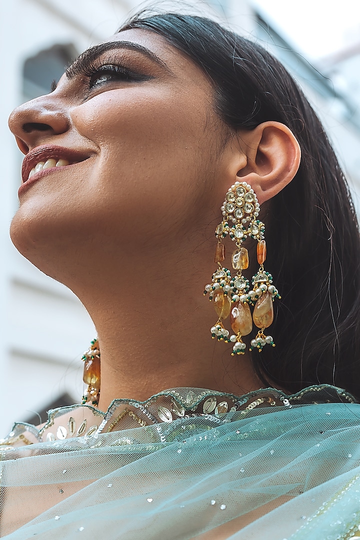 Gold Finish Earrings With Amber Cabochon Stones by Heer-House Of Jewellery