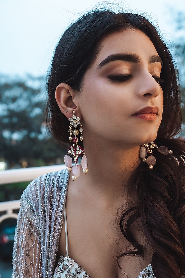 Gold Finish Earrings With Cabochon Stones by Heer-House Of Jewellery