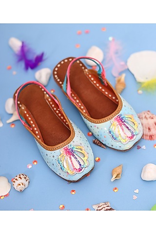 Blue Leather Embroidered Mules For Girls by Hello Jr