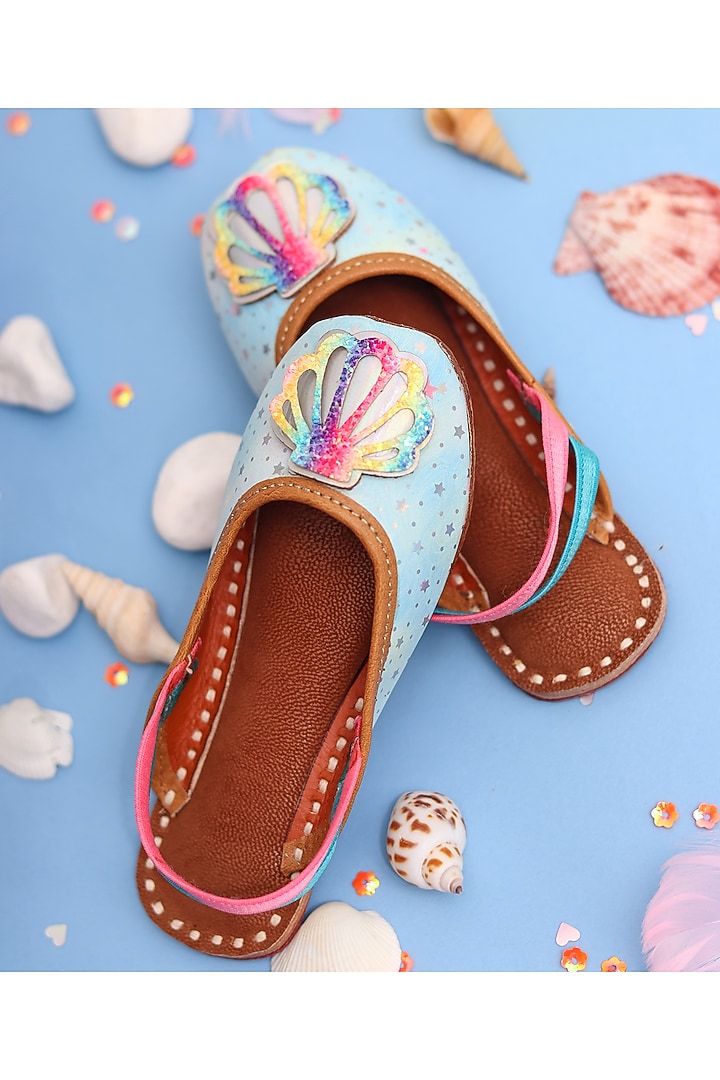 Blue Leather Embroidered Mules For Girls by Hello Jr at Pernia's Pop Up Shop