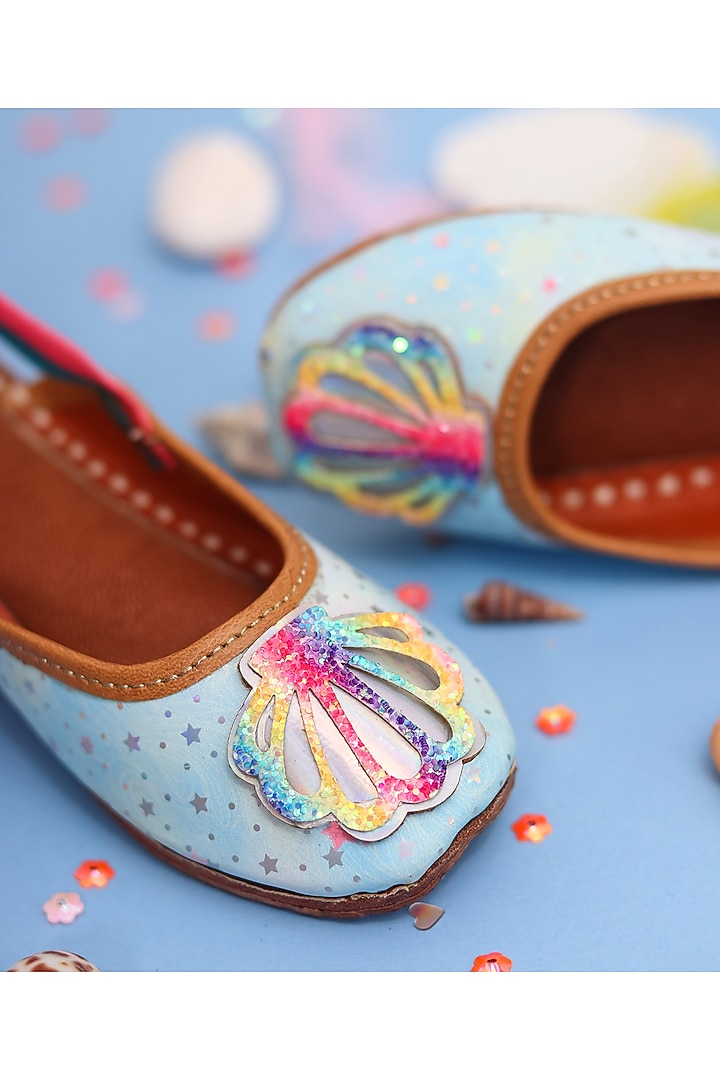 Blue Leather Embroidered Mules For Girls by Hello Jr at Pernia's Pop Up Shop