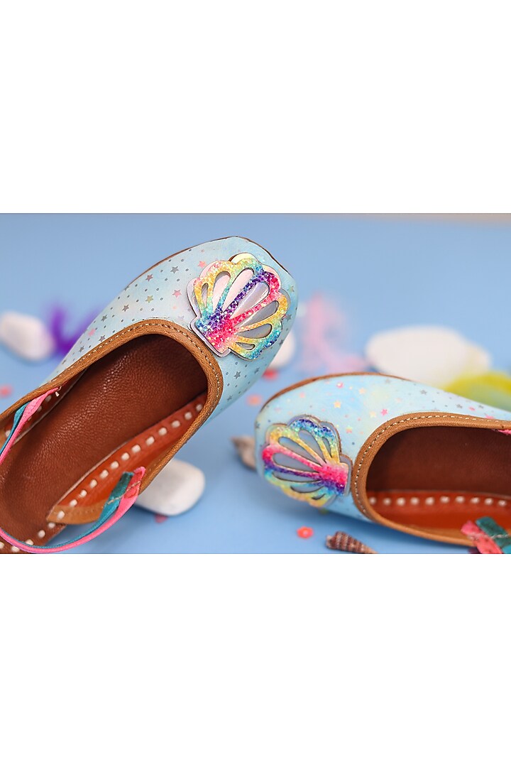 Blue Leather Embroidered Mules For Girls by Hello Jr at Pernia's Pop Up Shop