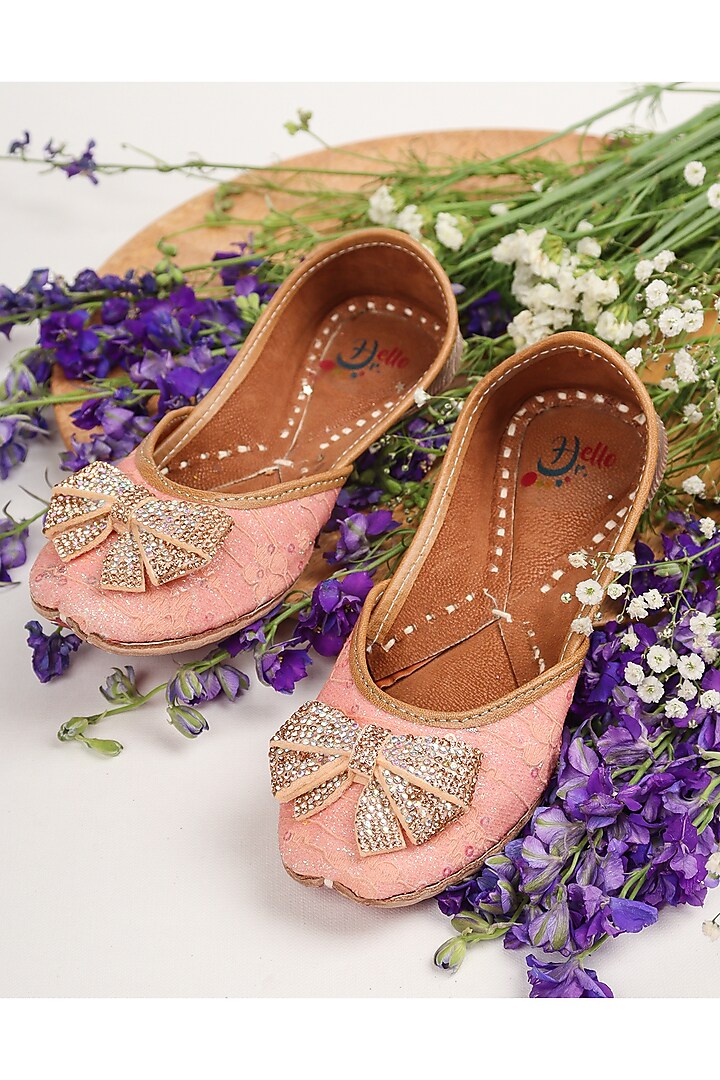 Peach Leatherette Embellished Juttis For Girls by Hello Jr