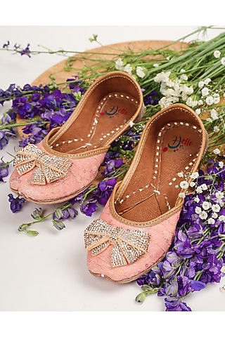 Peach Leatherette Embellished Juttis For Girls by Hello Jr