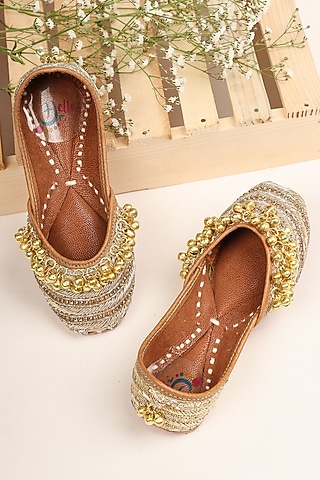 Golden Leatherette Embellished Juttis For Girls by Hello Jr
