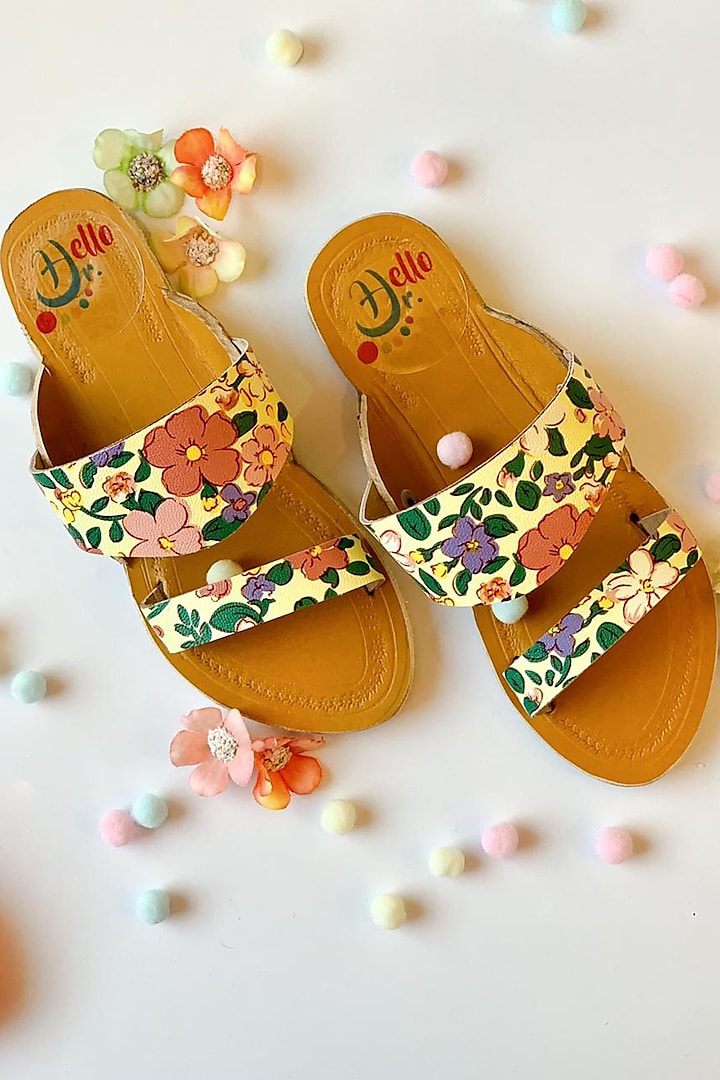 Mustard Yellow Floral Printed Kolhapuris For Girls by Hello Jr