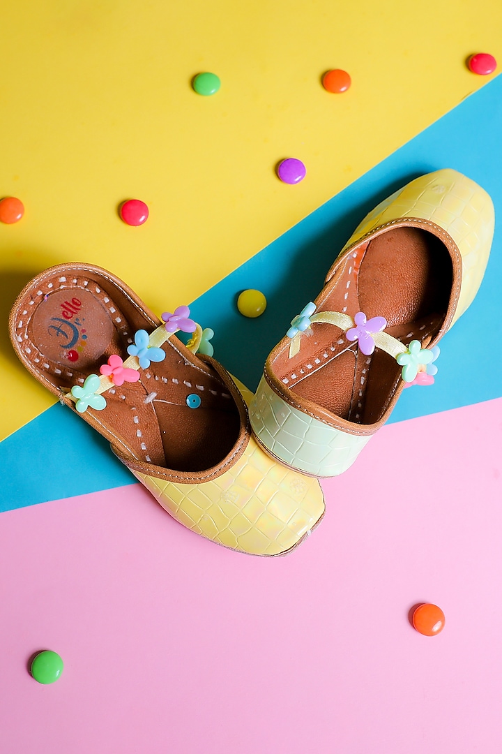 Yellow & Green Leatherette Juttis For Girls by Hello Jr