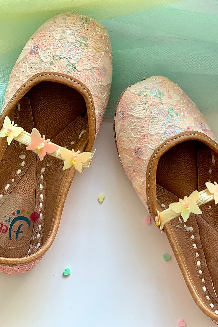 Peach Leatherette Printed Juttis For Girls by Hello Jr