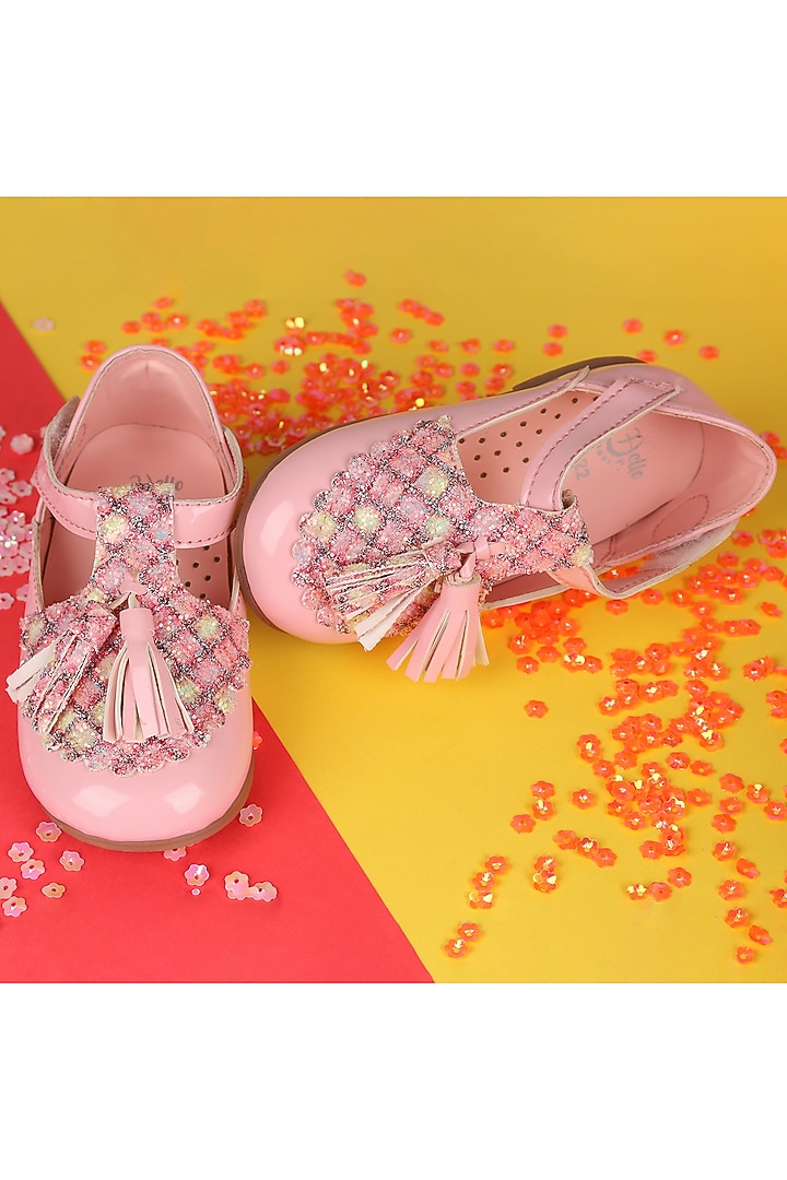 Pink Leather Embroidered Ballerina For Girls by Hello Jr at Pernia's Pop Up Shop