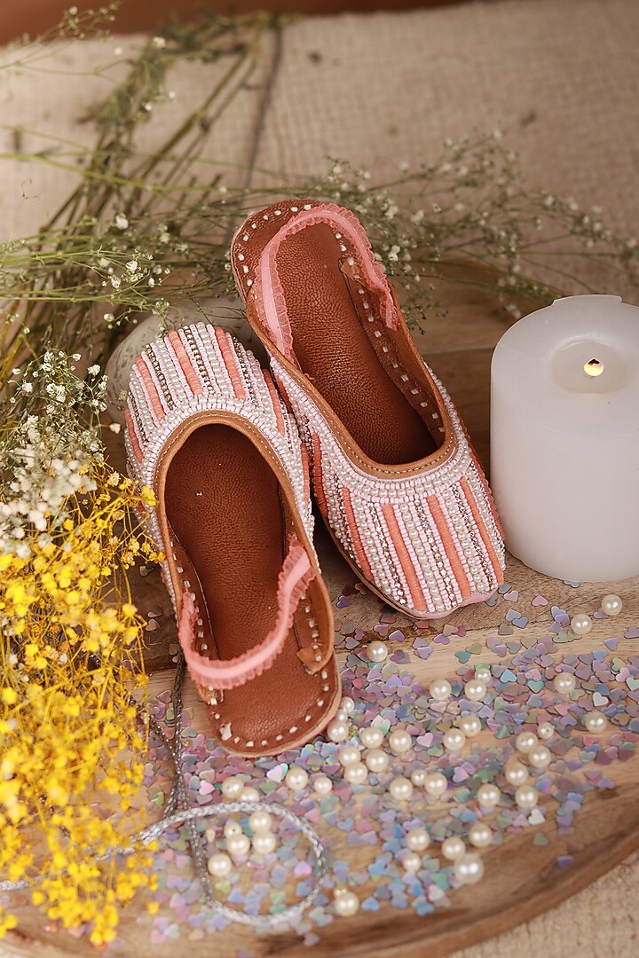 Peach Leather Pearl Embroidered Mules For Girls by Hello Jr at Pernia's Pop Up Shop