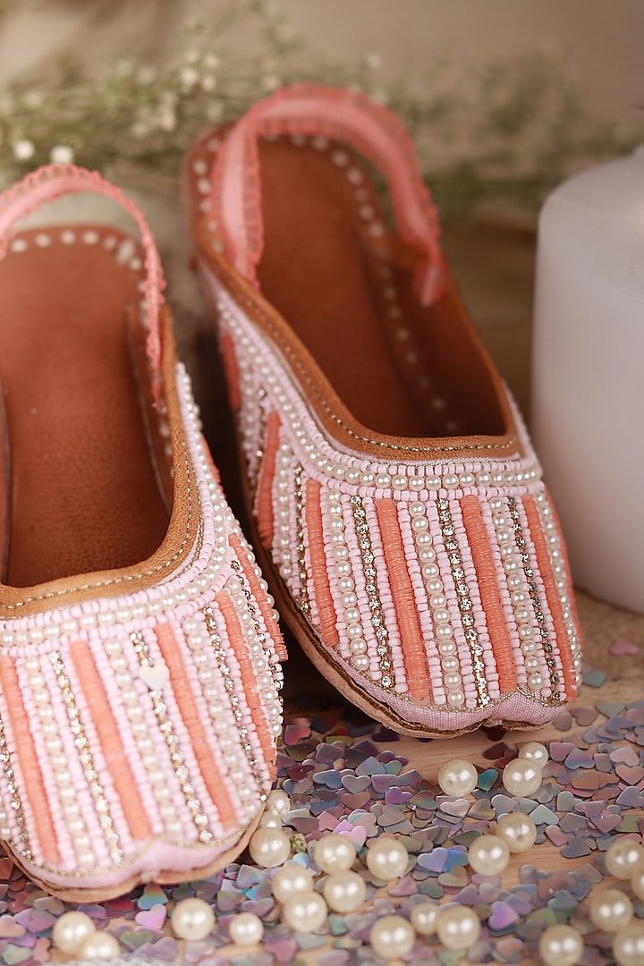 Peach Leather Pearl Embroidered Mules For Girls by Hello Jr at Pernia's Pop Up Shop