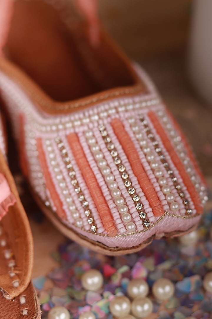 Peach Leather Pearl Embroidered Mules For Girls by Hello Jr at Pernia's Pop Up Shop