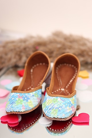 Blue Leather Embroidered Jutti For Girls by Hello Jr