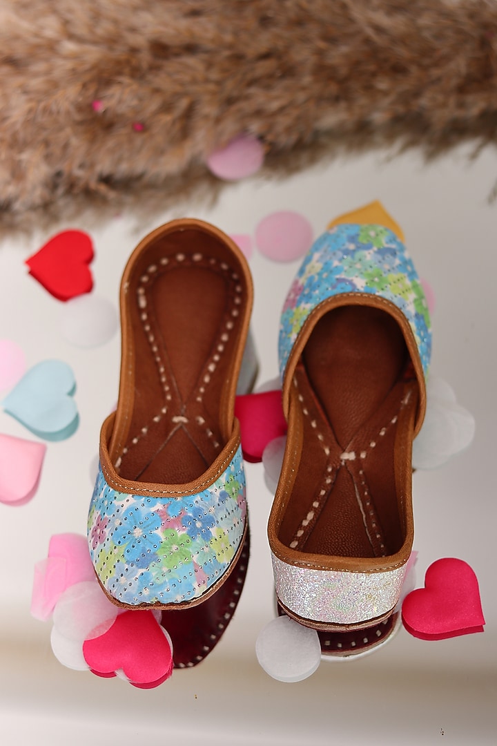 Blue Leather Embroidered Jutti For Girls by Hello Jr at Pernia's Pop Up Shop