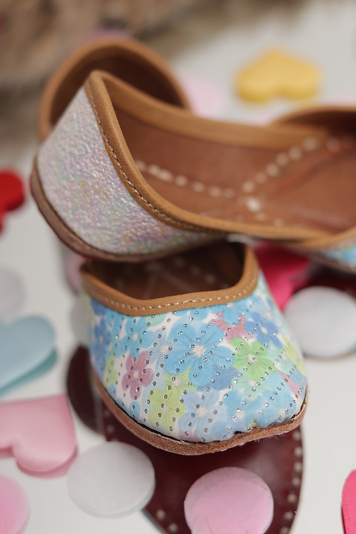 Blue Leather Embroidered Jutti For Girls by Hello Jr at Pernia's Pop Up Shop