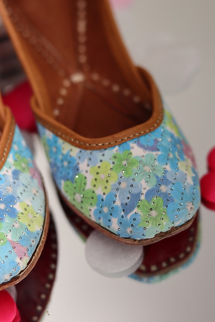 Blue Leather Embroidered Jutti For Girls by Hello Jr at Pernia's Pop Up Shop