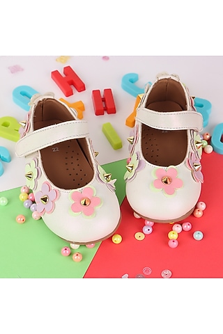 White Leather Embroidered Ballerina For Girls by Hello Jr