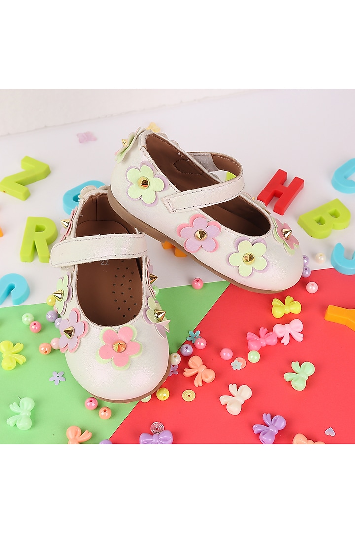 White Leather Embroidered Ballerina For Girls by Hello Jr at Pernia's Pop Up Shop