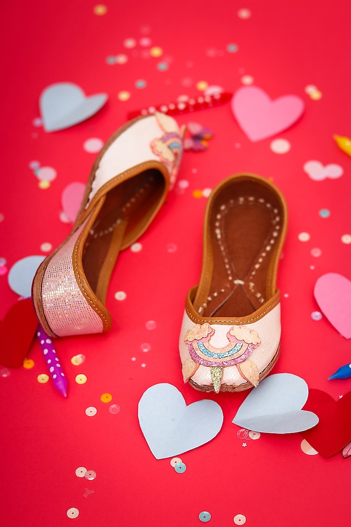 Multi-Colored Leather Embroidered Juttis For Girls by Hello Jr at Pernia's Pop Up Shop