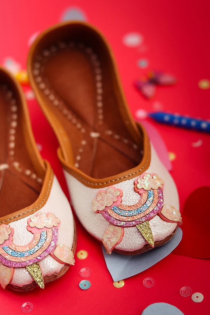 Multi-Colored Leather Embroidered Juttis For Girls by Hello Jr at Pernia's Pop Up Shop