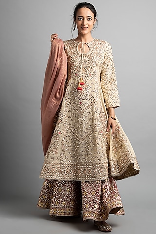 Dull Gold 3D Gota Embroidered Sharara Set by Heena Kochhar