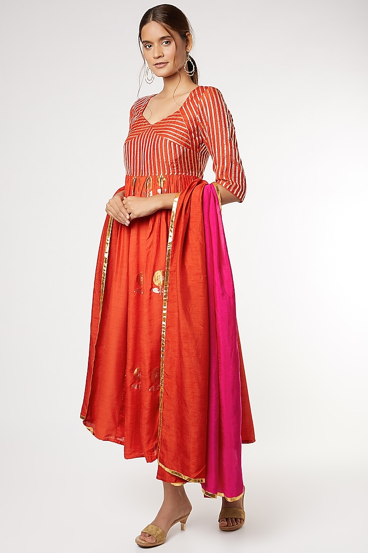 Orange Embroidered Anarkali Set by Heli Shah