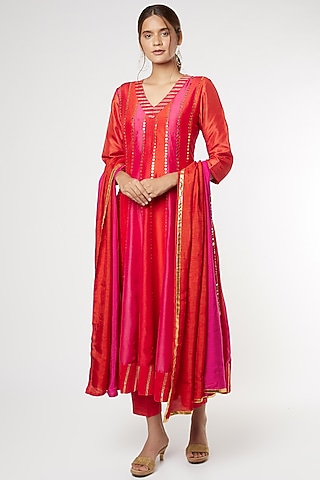 Orange Silk Anarkali Set by Heli Shah