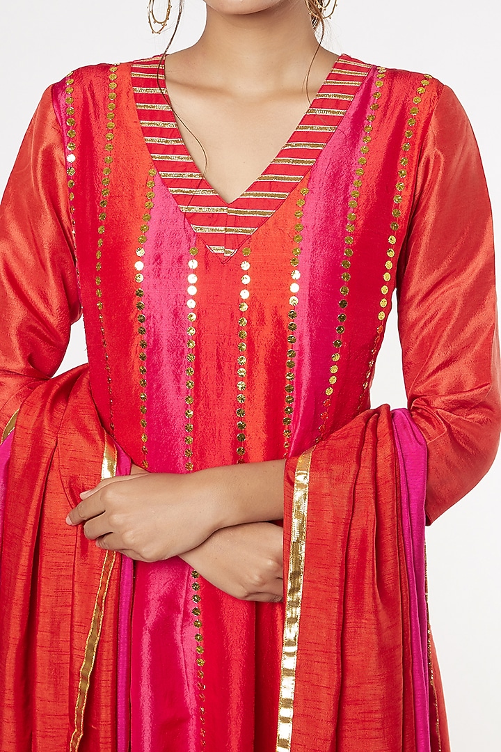 Orange Silk Party Wear Anarkali Set by Heli Shah at Pernia's Pop Up Shop