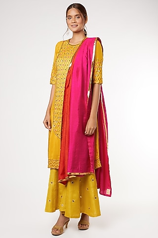 Yellow Silk Sharara Set by Heli Shah