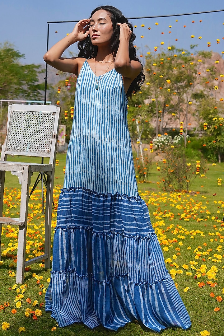 Indigo Blue Silk Satin Printed Maxi Dress by HeenaAgrima at Pernia's Pop Up Shop