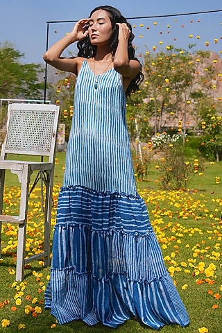 Indigo Blue Silk Satin Printed Maxi Dress by HeenaAgrima