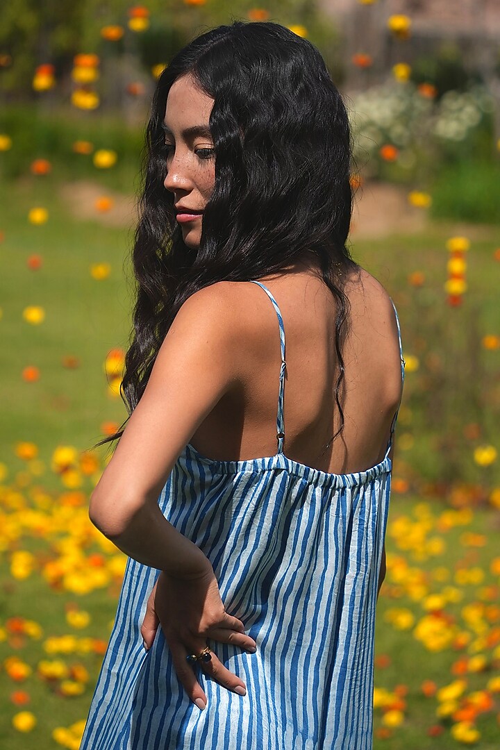 Indigo Blue Silk Satin Printed Maxi Summer Dress by HeenaAgrima at Pernia's Pop Up Shop