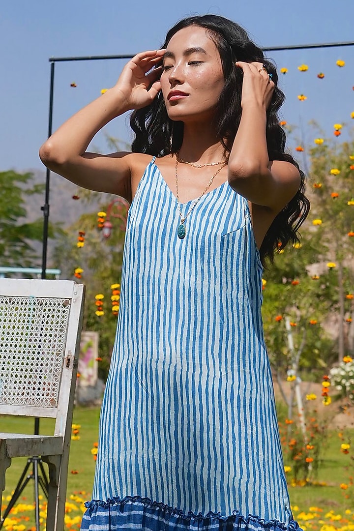 Indigo Blue Silk Satin Printed Maxi Summer Dress by HeenaAgrima at Pernia's Pop Up Shop