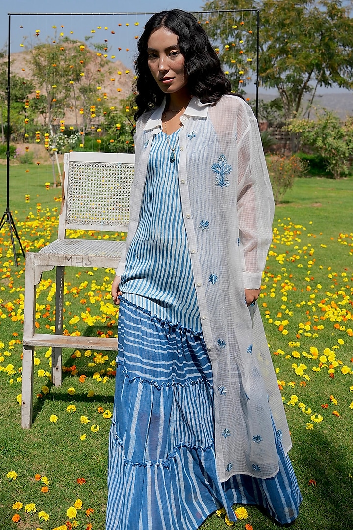 White Silk Kota Doria Thread Hand Embroidered Long Shirt by HeenaAgrima at Pernia's Pop Up Shop