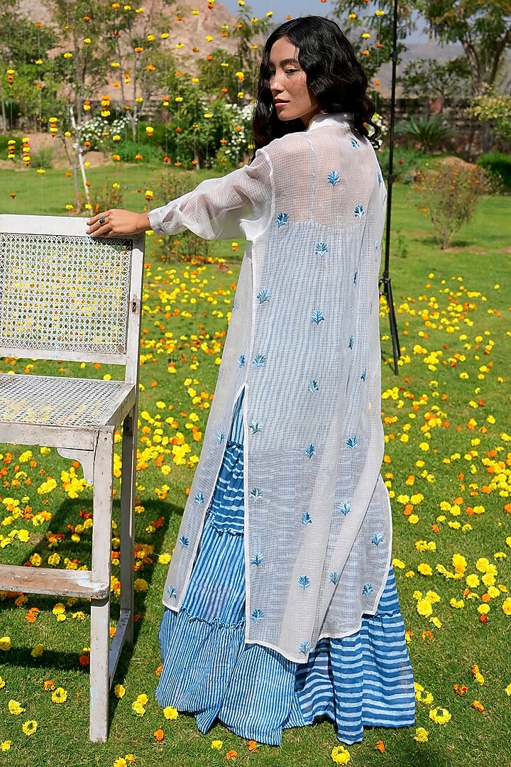 White Silk Kota Doria Thread Hand Embroidered Long Shirt by HeenaAgrima at Pernia's Pop Up Shop