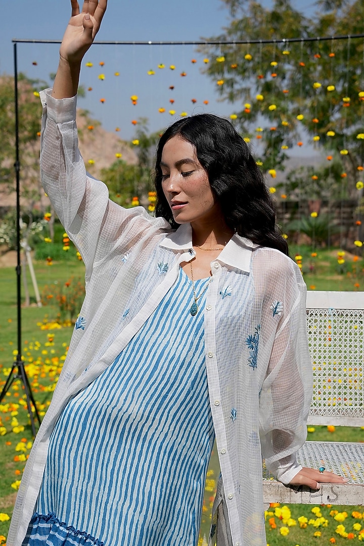 White Silk Kota Doria Thread Hand Embroidered Long Shirt by HeenaAgrima at Pernia's Pop Up Shop