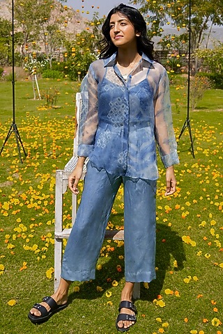 Blue Organza Silk Shirt by HeenaAgrima