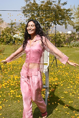 Pink Organza Dyed Shirt by HeenaAgrima